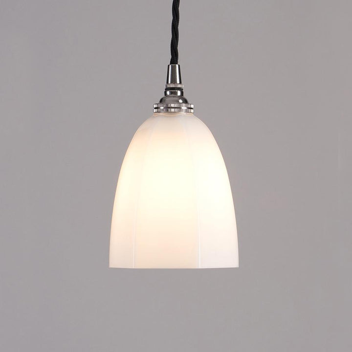 An Old School Electric Hexagon Pendant Light (B22) with a white glass shade.