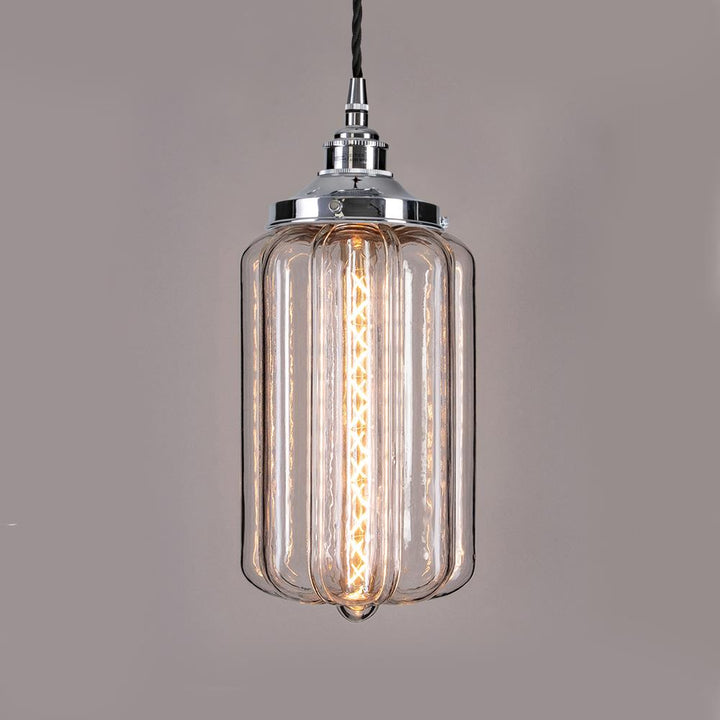 A modern glass Ellington pendant lighting fixture with a chrome finish by Old School Electric.