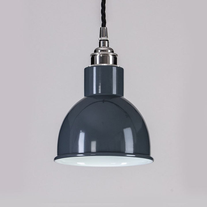 An Old School Electric Churchill Coloured Shades Pendant Light hanging on a white background, displaying modern lighting fixtures.