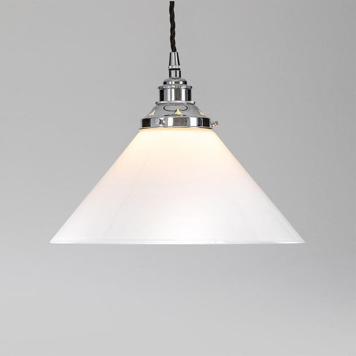An Old School Electric Conical Opal Glass Pendant Light with a white glass shade, perfect as a stylish light fitting.
