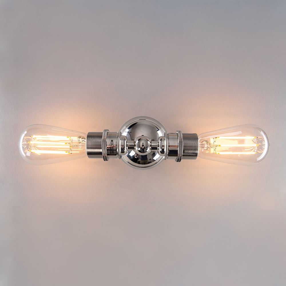 Description: The Old School Electric Industrial Twin Wall Light, a bathroom electric light with two bulbs, on a white background.