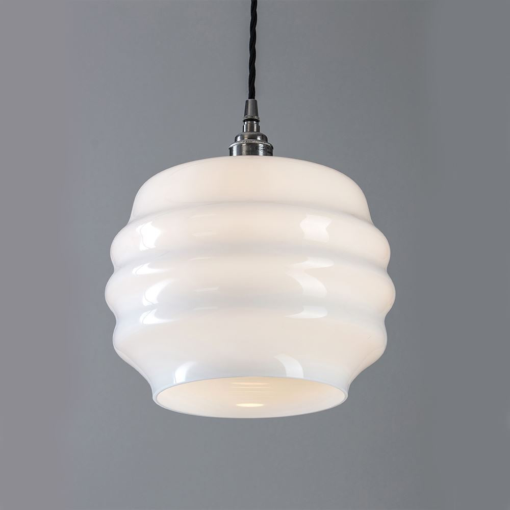 A timeless Deco Opal Glass Pendant Light with a white glass shade from Old School Electric.