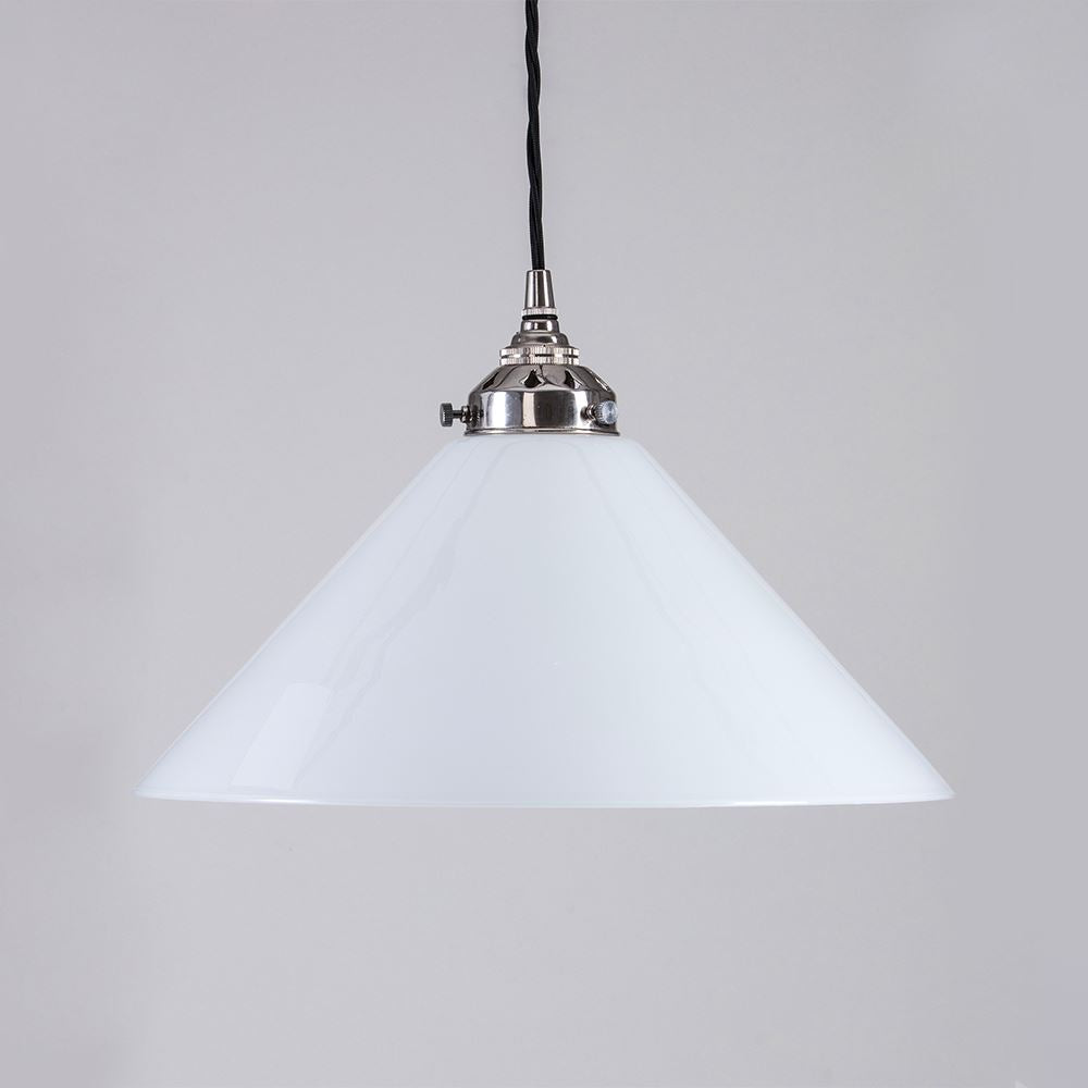 An Old School Electric Conical Opal Glass Pendant Light (B22) with a white shade.