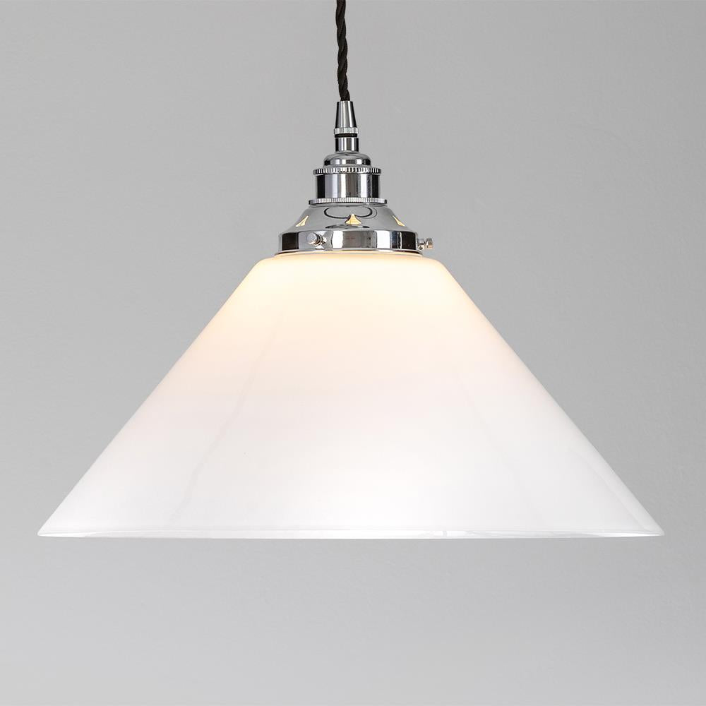 An Old School Electric Conical Opal Glass Pendant Light with a white opal glass shade.