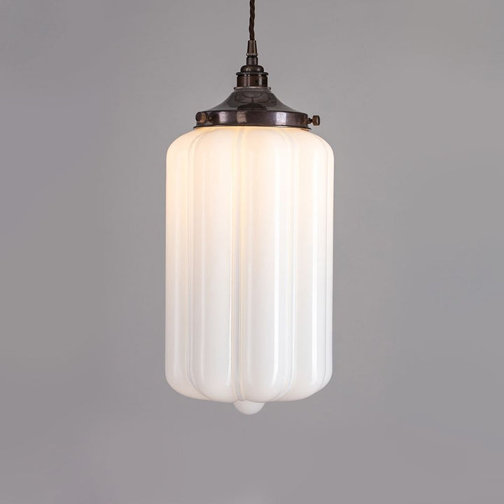 An Old School Electric Ellington Opal Glass Pendant Light with a white glass shade and lighting fixture.