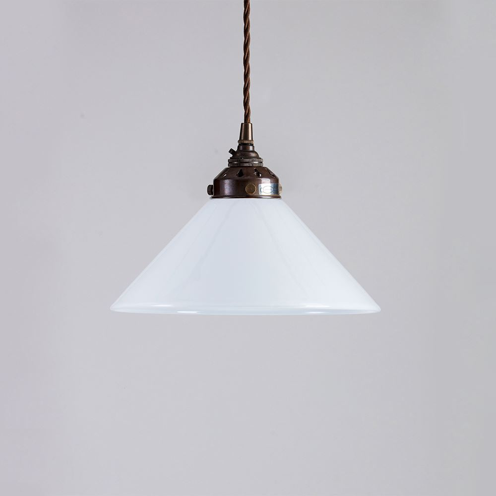 An Old School Electric Conical Opal Glass Pendant Light (B22), hanging from an electric lighting fixture.