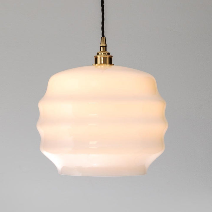 An Old School Electric Deco Opal Glass Pendant with a white glass shade.
