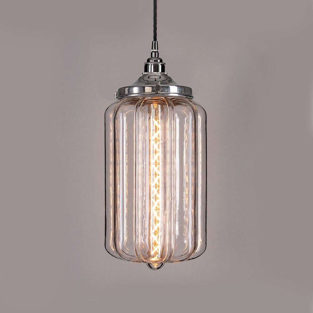 An Ellington Pendant Light by Old School Electric is a modern chrome-finished glass pendant light fitting.