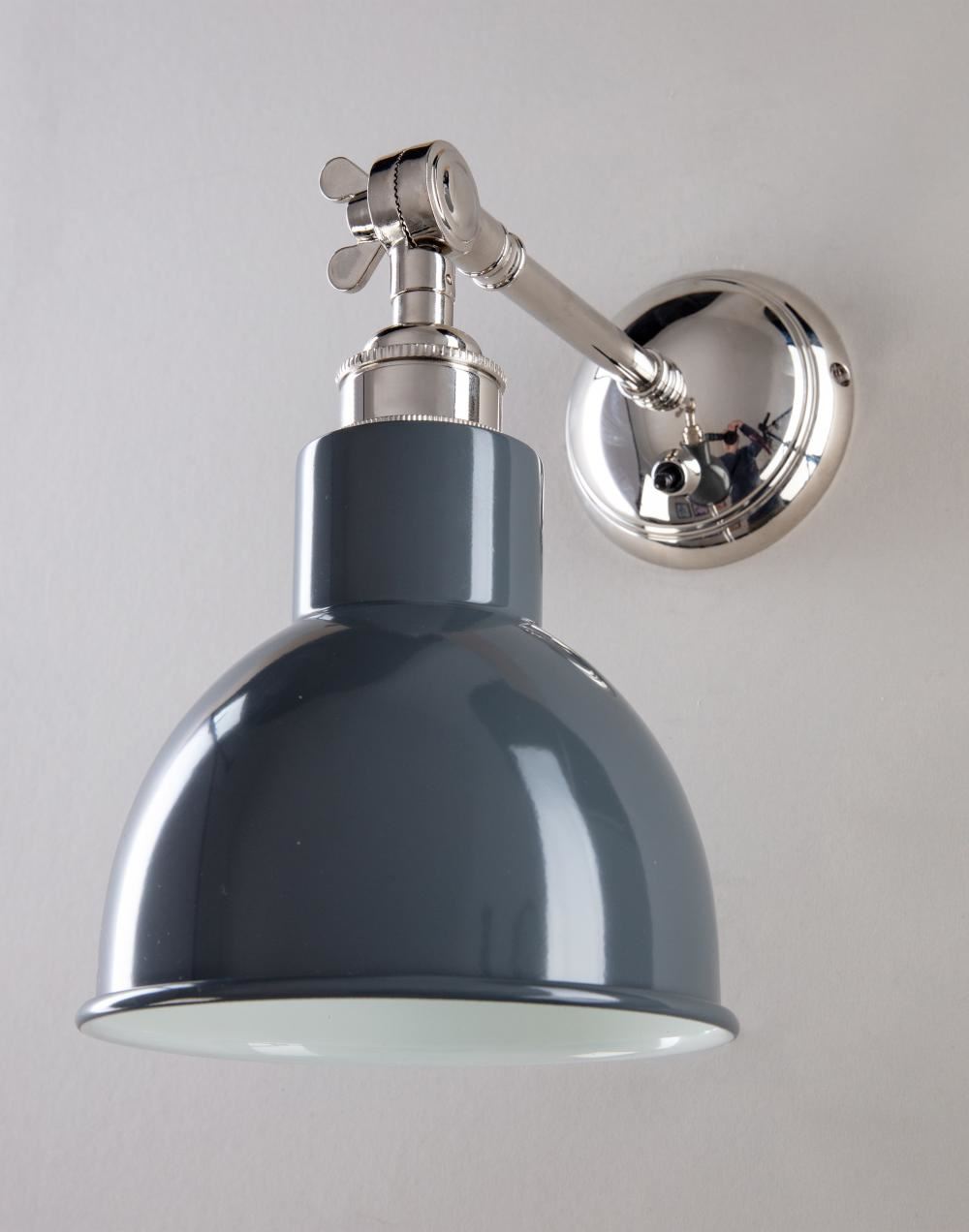 An Old School Electric Churchill Coloured Shades Wall Light with a grey shade on a white wall.