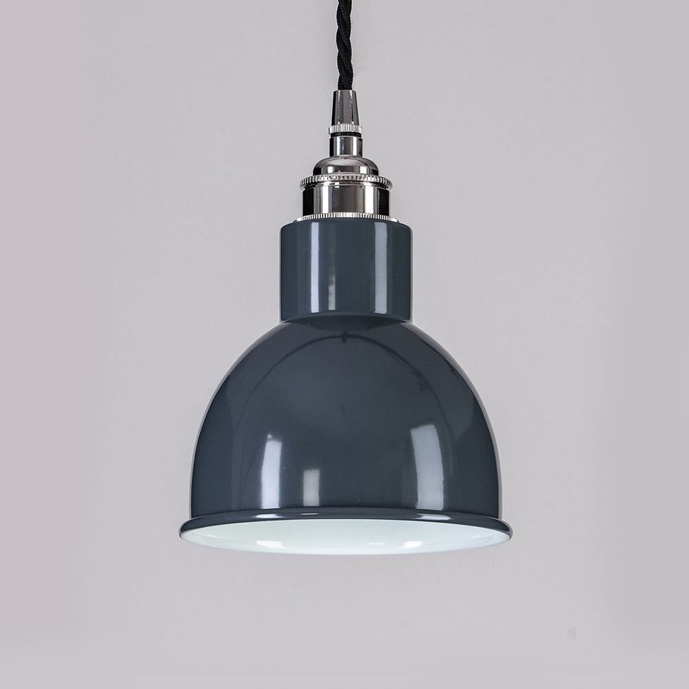 An Old School Electric Churchill Coloured Shades Pendant Light hanging on a white background, displaying modern lighting fixtures.