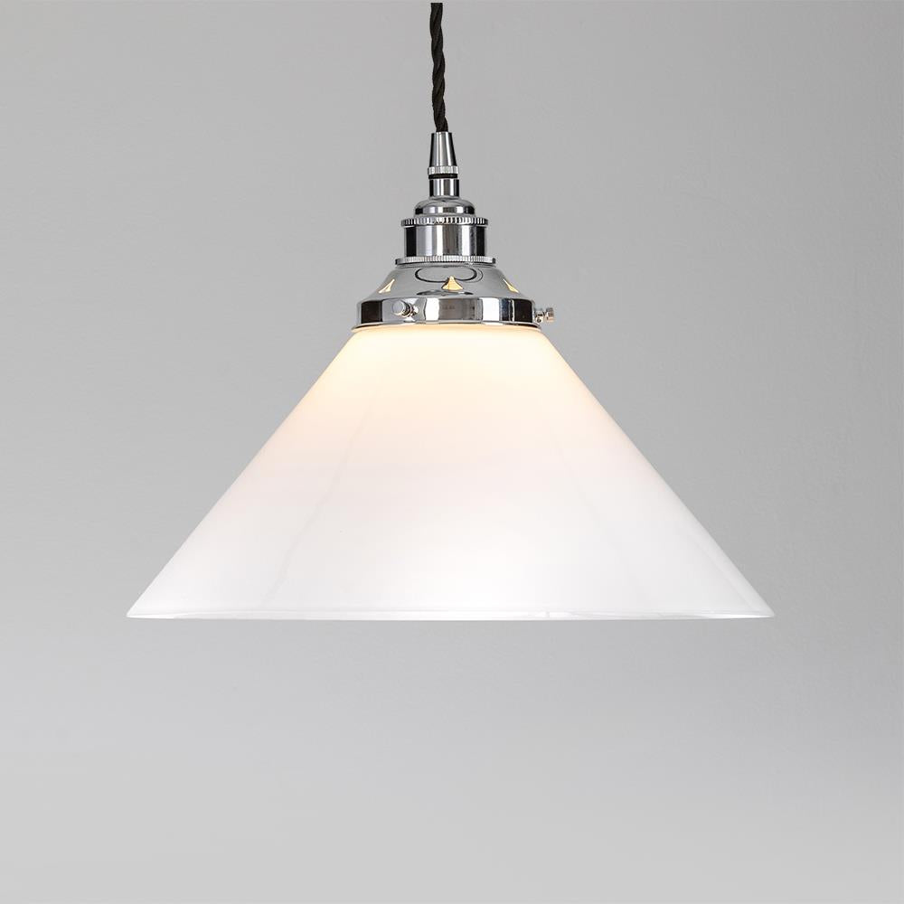 An Old School Electric Conical Opal Glass Pendant Light with a white glass shade, perfect as a stylish light fitting.