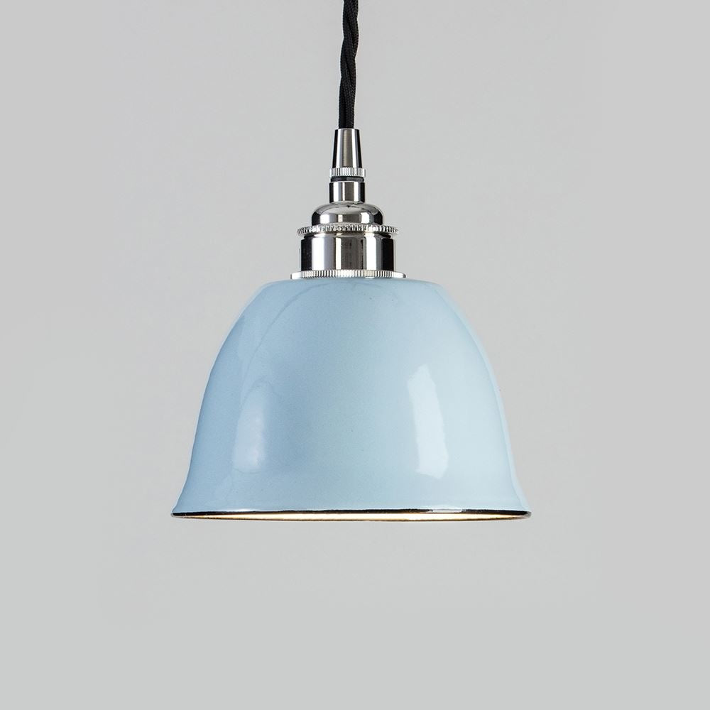 An old school electric maison pendant light with a blue shade and a black cord.