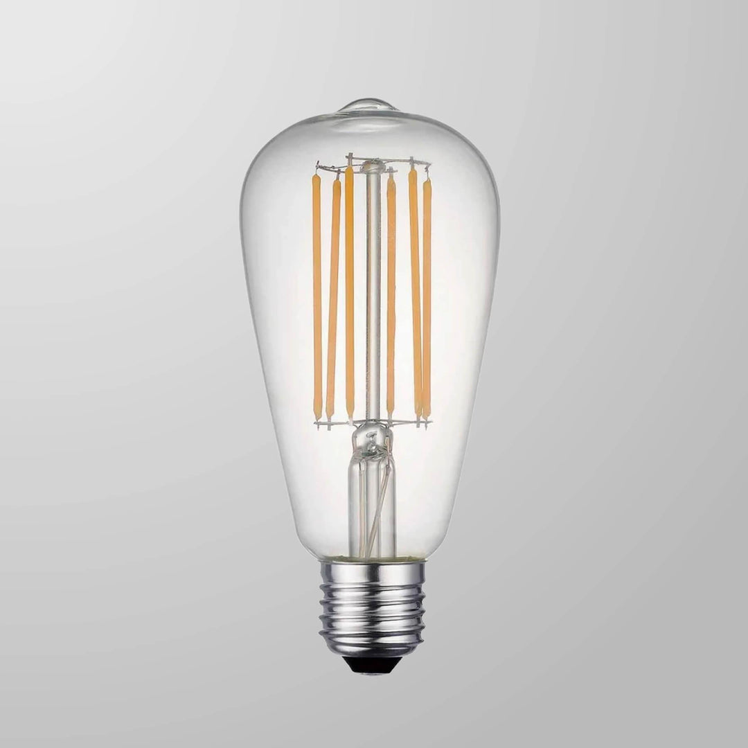 An Old School Electric LED Dimmable Filament Teardrop Bulb (E27) illuminating a gray background.