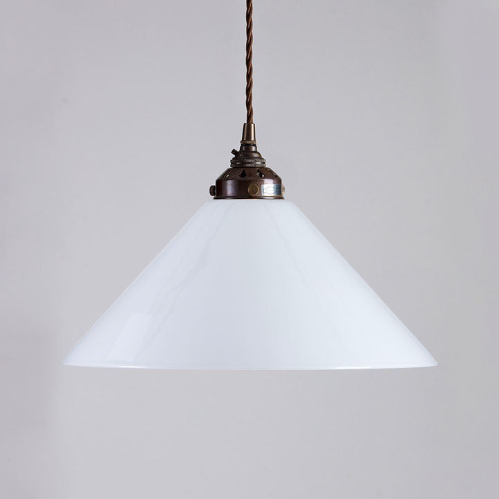 An Old School Electric Conical Opal Glass Pendant Light (B22) with a white glass shade.