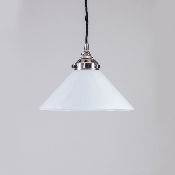 An Old School Electric Conical Opal Glass Pendant Light (B22) fitting hanging on a white wall.