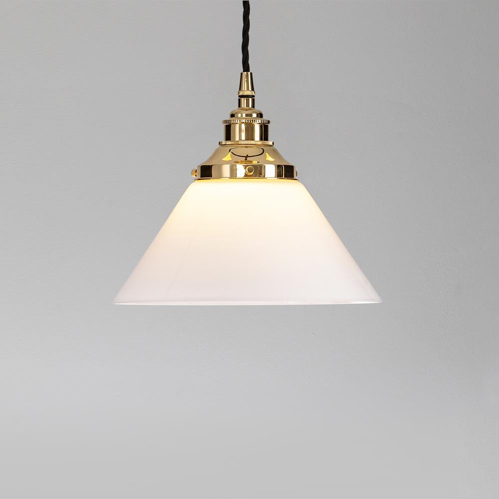 An Old School Electric Conical Opal Glass Pendant Light with a white glass shade.