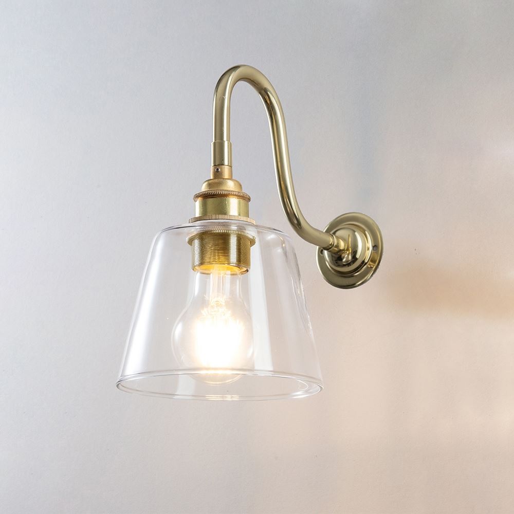 An Old School Electric Glass Swan Arm Wall Light with a glass shade.