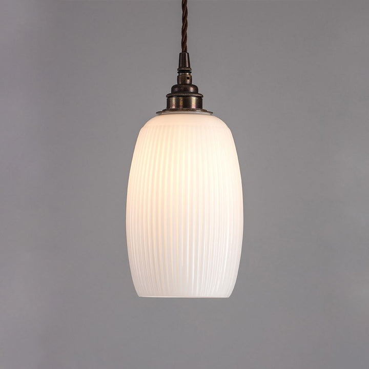 An Old School Electric Gillespie Pendant Light fitting with a white glass shade.