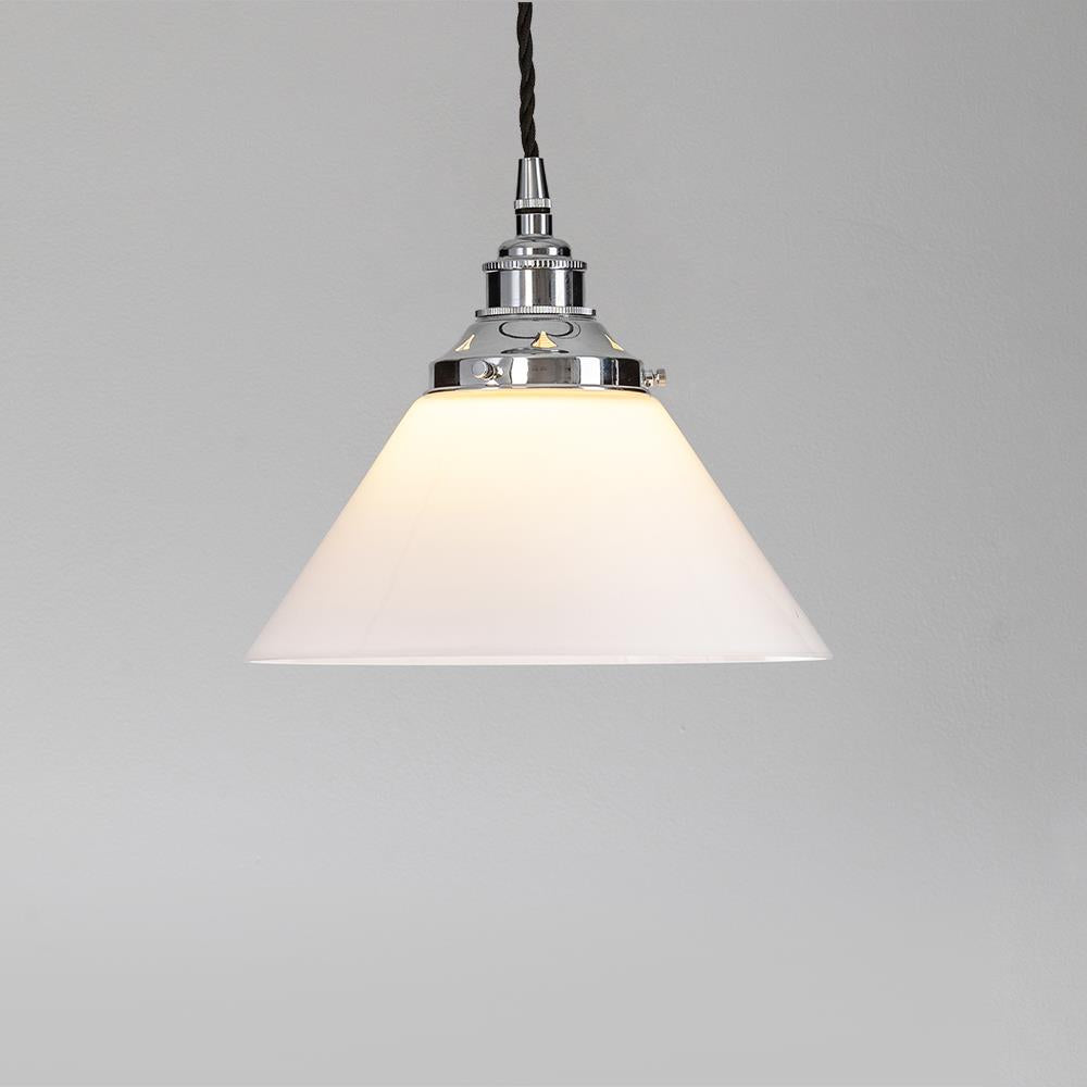 An Old School Electric Conical Opal Glass Pendant Light with a luminaire.