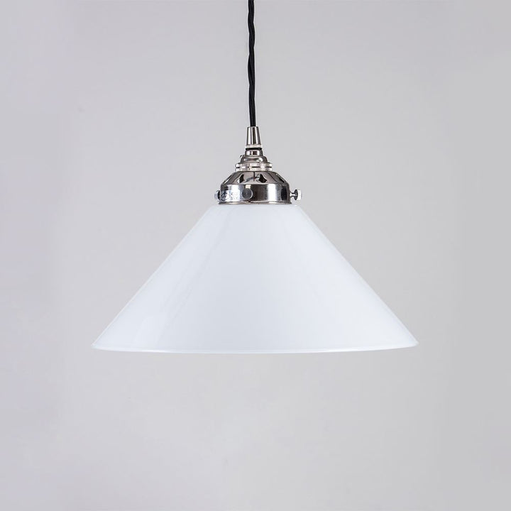 An Old School Electric Conical Opal Glass Pendant Light (B22) with a chrome finish, perfect for lighting fixtures.
