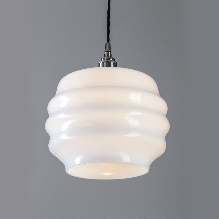 A timeless Deco Opal Glass Pendant Light with a white glass shade from Old School Electric.