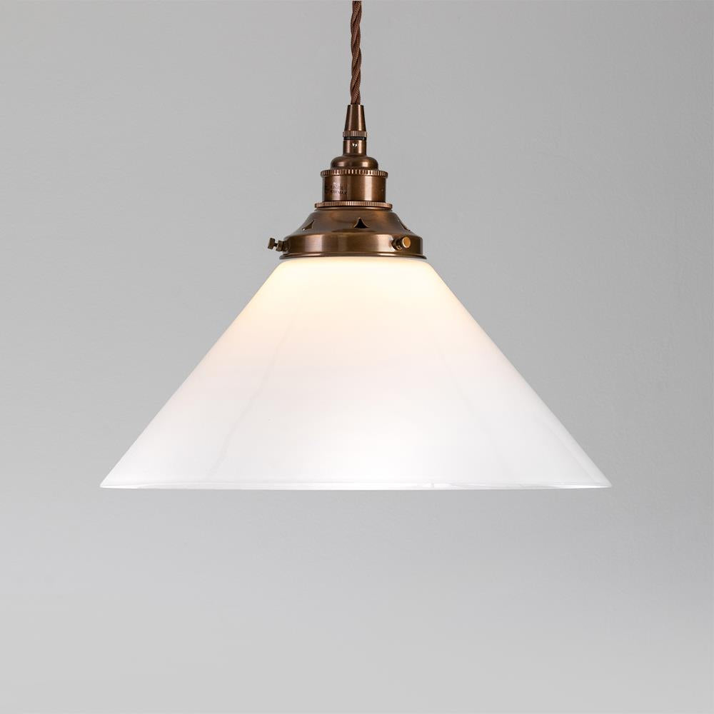 An Old School Electric Conical Opal Glass Pendant Light.