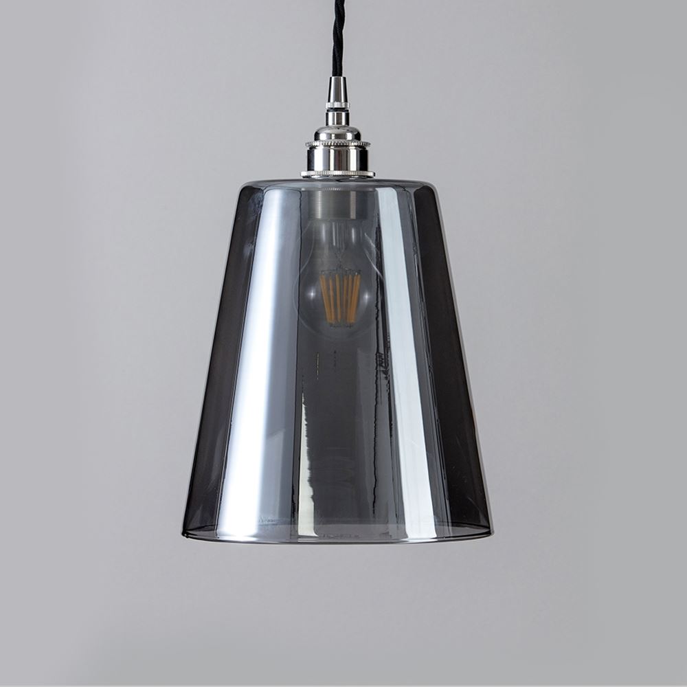 A Tapered Blown Smoked Glass Pendant Light with a grey glass shade, perfect for adding style to your space by Old School Electric.
