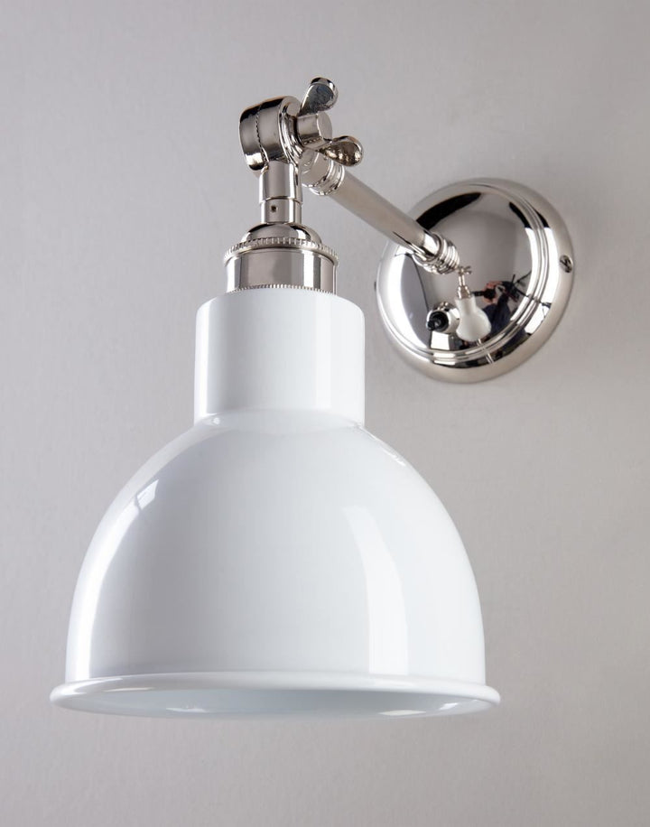 An Old School Electric white wall sconce with a chrome finish, perfect for lighting fixtures in any room.