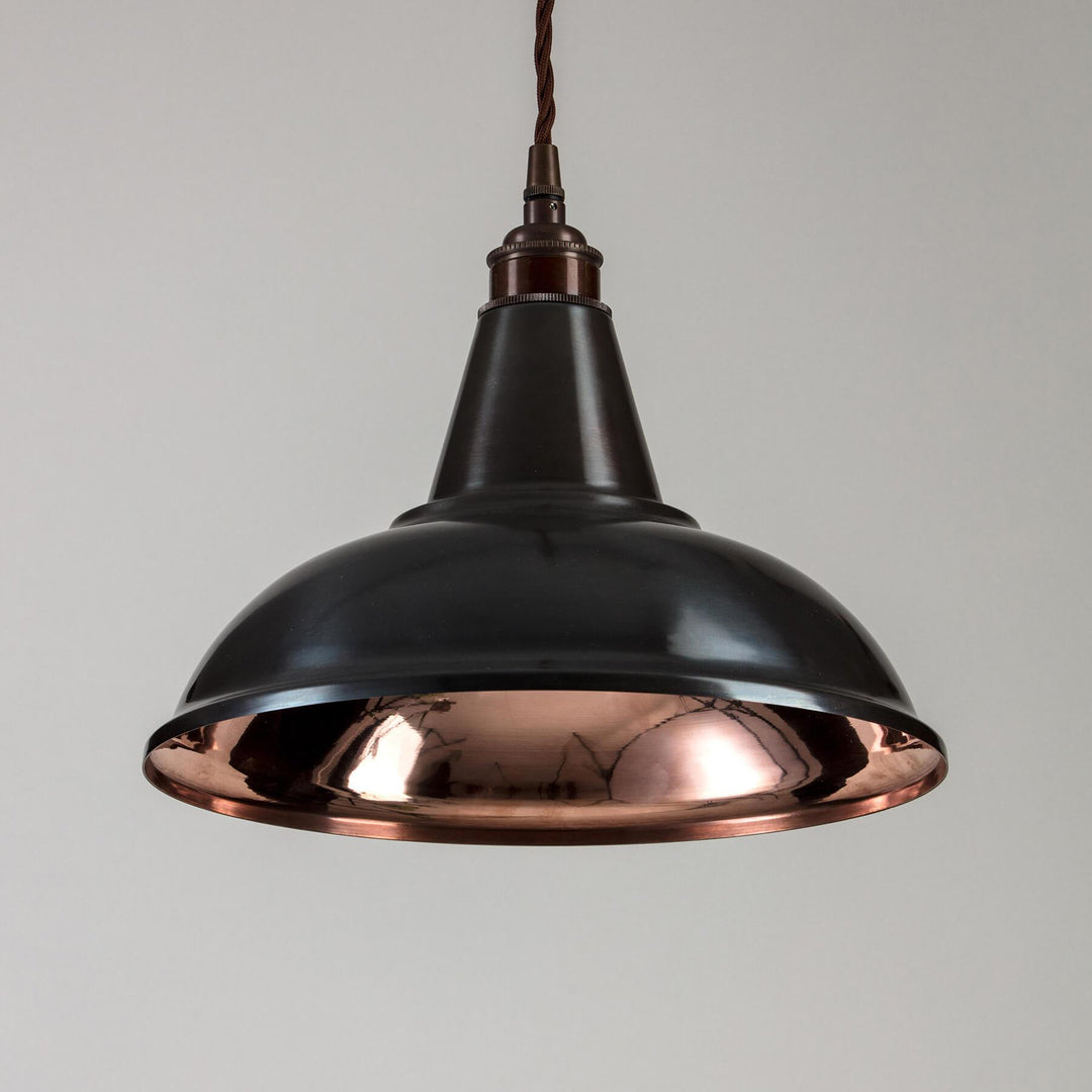 An Old School Electric Factory Pendant Light, a light fitting, hanging from a ceiling.