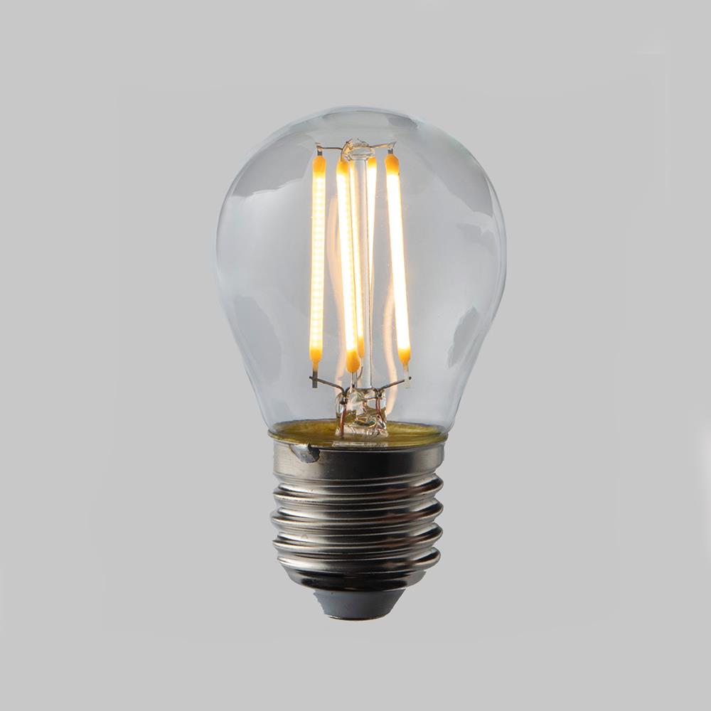 An Old School Electric LED Filament Dimmable Golf Ball Bulb (E27) fitting on a gray background.