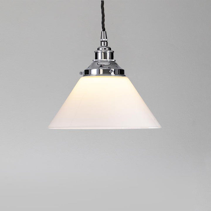 A Conical Opal Glass Pendant Light by Old School Electric.