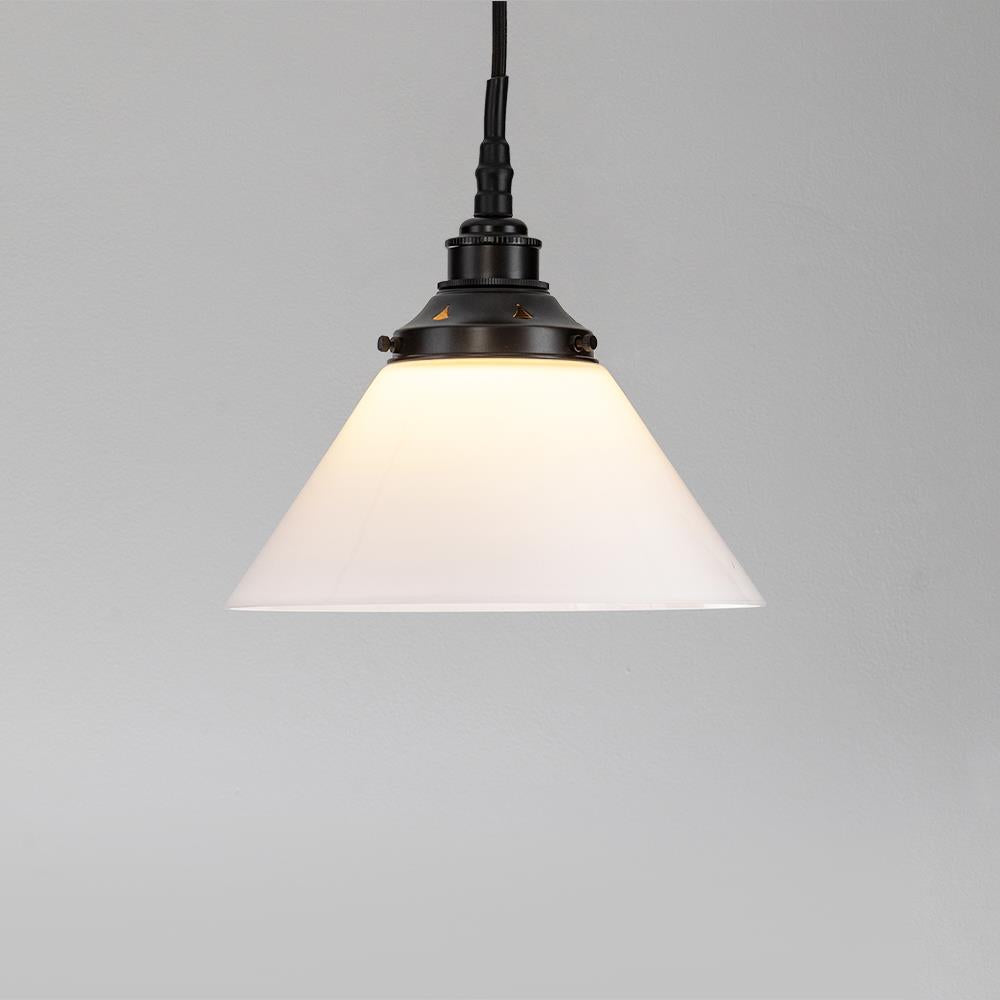 An Old School Electric Conical Opal Glass Bathroom Pendant Light, perfect for lighting fixtures or as an electric light.