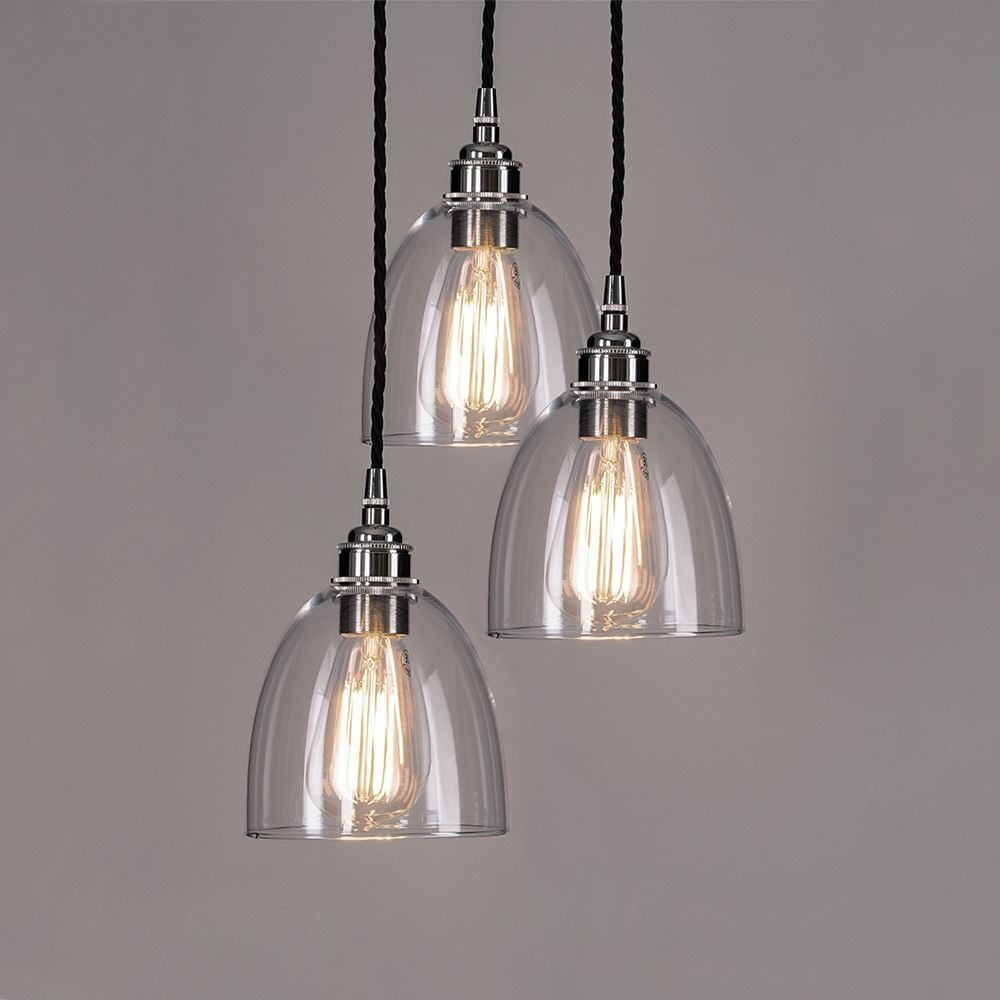 Three Old School Electric Blown Clear Glass Cluster Pendant Lights on a white background.