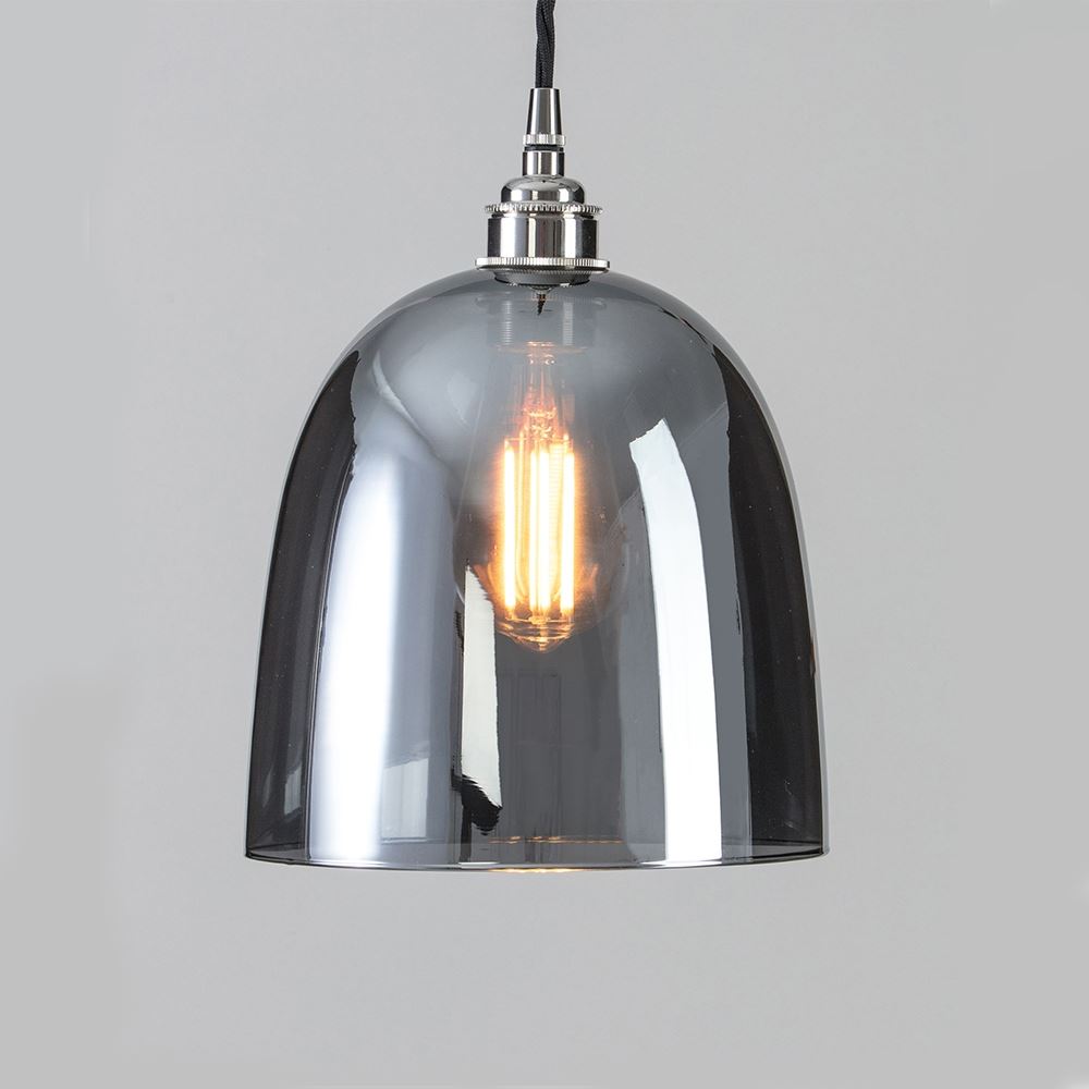 An Old School Electric Bell Blown Smoked Glass Pendant Light.