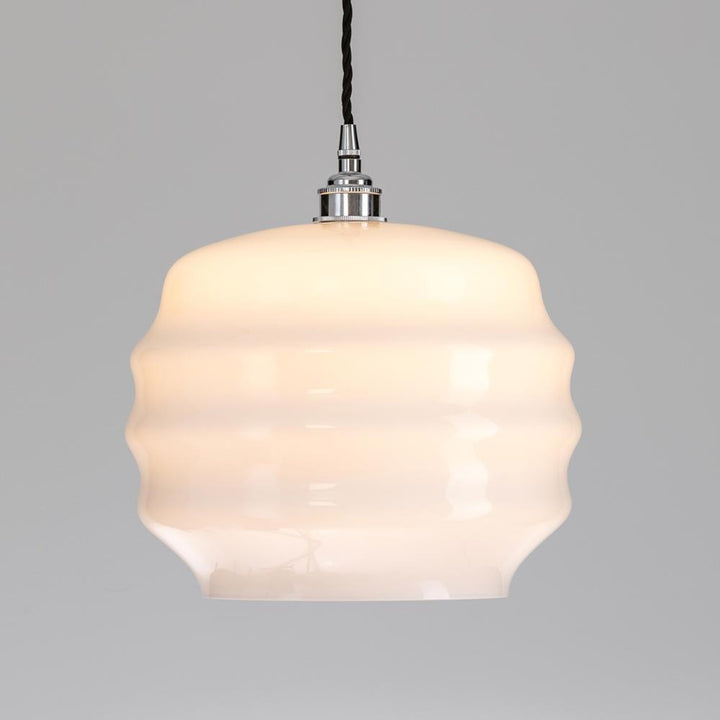 A Deco Opal Glass Pendant light with a white glass shade, perfect for illuminating any space, made by Old School Electric.