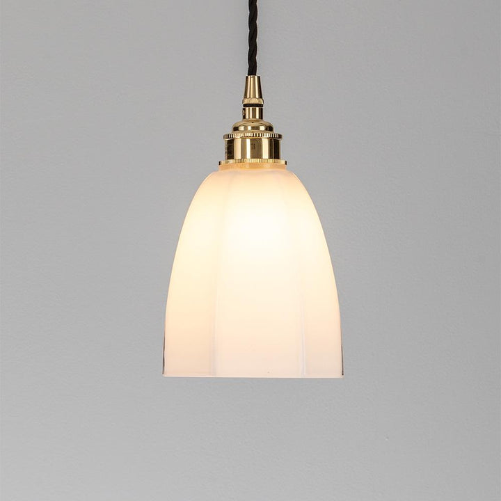 An Old School Electric Hexagon Pendant Light with a white glass shade, perfect for your lighting fixtures needs.
