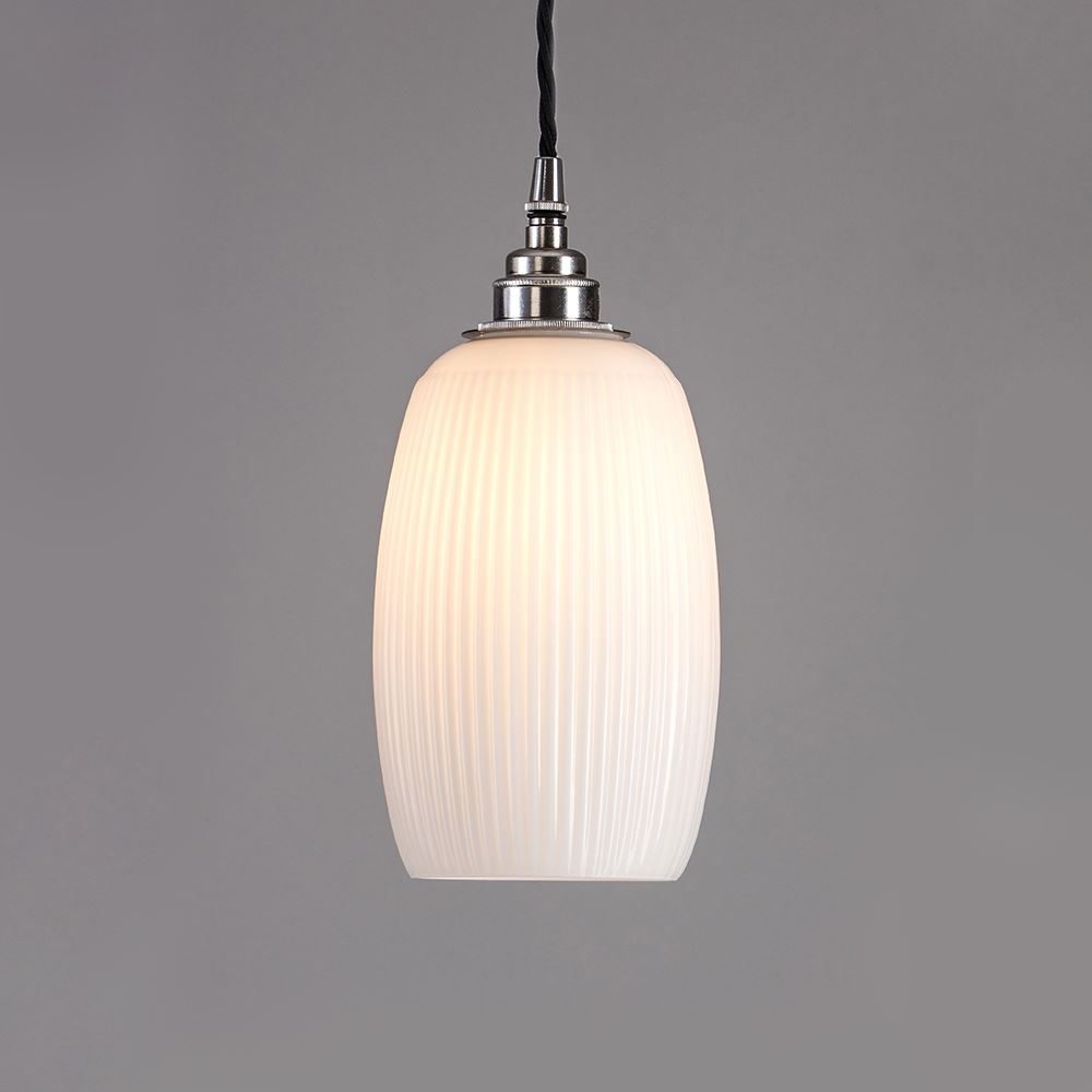 An Old School Electric Gillespie Pendant Light with a white glass shade.