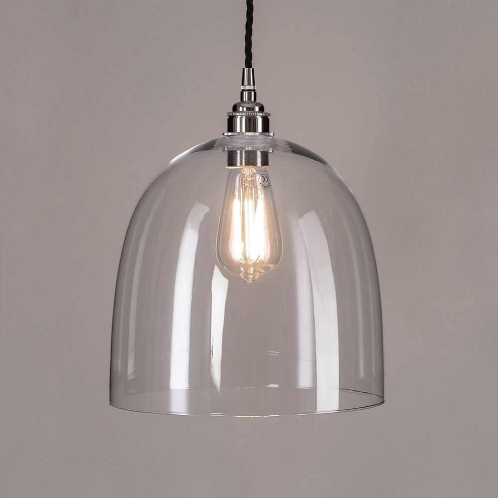 An Old School Electric Bell Blown Glass Pendant Light with a metal chain. This lighting fixture exudes elegance and adds a touch of sophistication to any space.